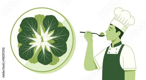 Chef Tasting Exquisite Dish With Fresh Bok Choy Plate Presentation