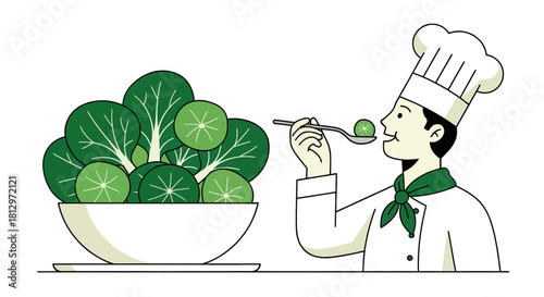 Chef Tasting Fresh Greens Preparing a Gourmet Vegetable Dish with Healthy Ingredients