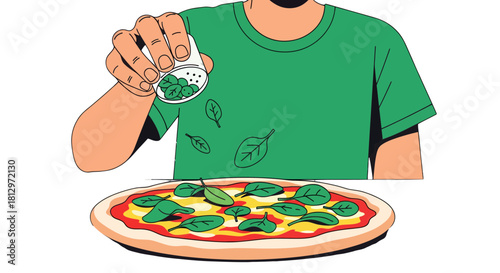 Chef Prepares Pizza Garnishing With Fresh Greens For Culinary Delights Presentation