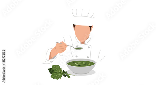 Chef Tasting Gourmet Soup Preparation in a Professional Kitchen Environment