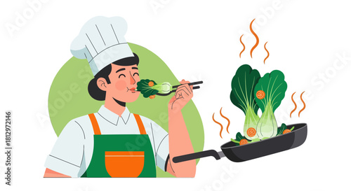 Chef Tasting Freshly Cooked Bok Choy From a Pan of Sizzling Vegetables