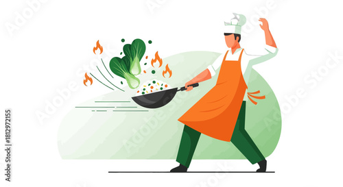 Chef Prepares Wholesome And Delicious Meal With Fire And Fresh Ingredients In The Kitchen