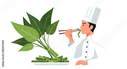 Chef Tasting Green Vegetable Dish While Enjoying the Freshness of the Dish