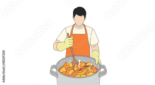 Chef Prepares Stewed Ingredients in Large Pot with Fresh Vegetables for Culinary Creations
