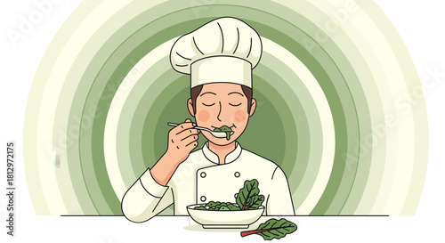 Chef Tasting Greens Ingredients Amidst Earthy Circle Design In Kitchen