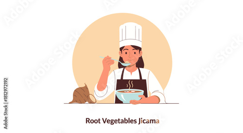 Chef Tasting Root Vegetables Soup Illustration Against a Black Background Artistic Minimalist