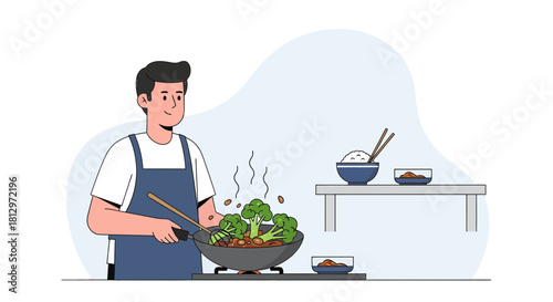 Chef Preparing Culinary Delight in Kitchen, Serving Fresh Broccoli Stir-Fry With Rice