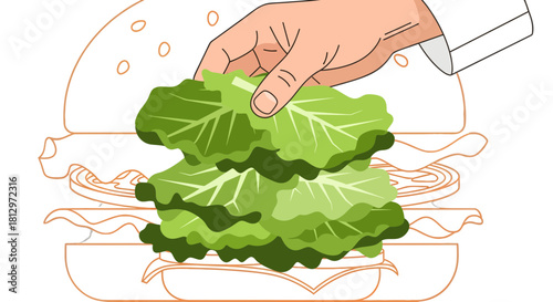 Chef's Hand Adding Lettuce To A Freshly Prepared Burger With Illustration