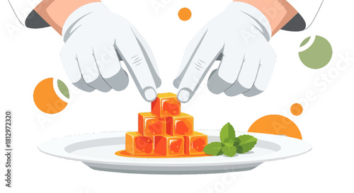 Chef's Hands Arranging Sweet Cubes on Plate, Artistic Culinary Presentation