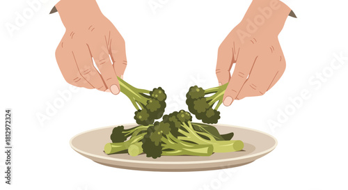 Chef's Hands Arranging Fresh Broccoli Florets on Plate With Black Background