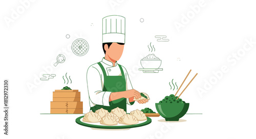 Chef Preparing Dumplings in a Modern Graphic Style for Culinary Endeavors