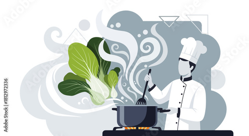 Chef Preparing Exquisite Dish Illustration Depicting Culinary Preparation with Fresh Ingredients