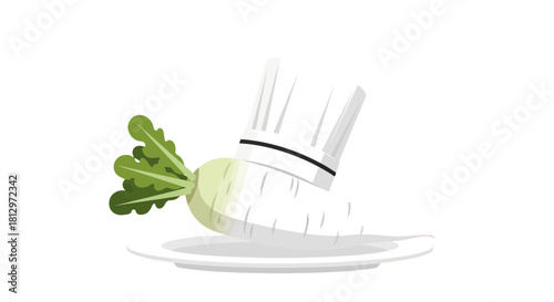 Chef's Hat Rests Upon A Freshly Prepared White Radish Ready To Serve And Delight