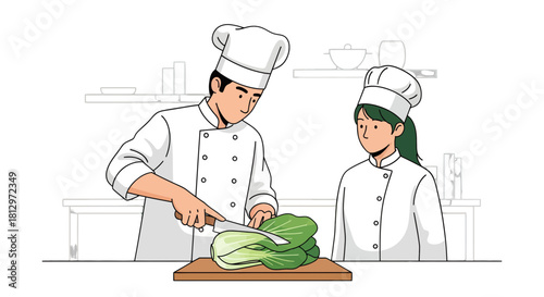 Chefs Preparing Fresh Vegetables in Modern Kitchen for Culinary Creations