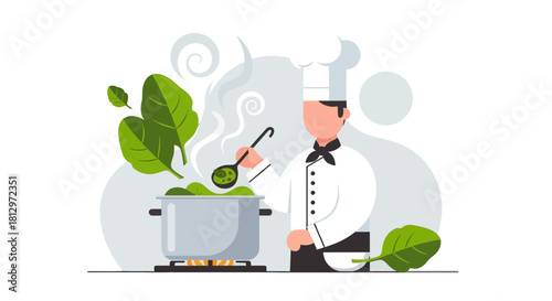 Chef Preparing Delicious Green Spinach Soup In The Kitchen With Fresh Ingredients