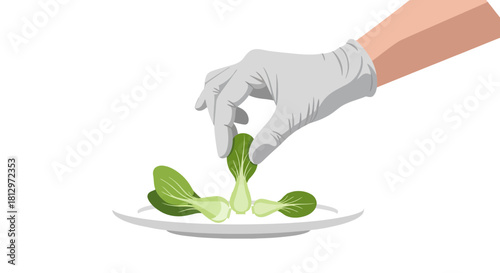 Chef's Hand Preparing Fresh Bok Choy on a Plate, Dietary Food, Culinary Art Design