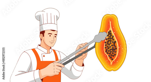 Chef Preparing Exotic Papaya, Culinary Artistry And Tropical Fruit Preparation