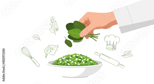 Chef’s Hand Adding Fresh Spinach To A Bowl Of Green Ingredients On Black Background