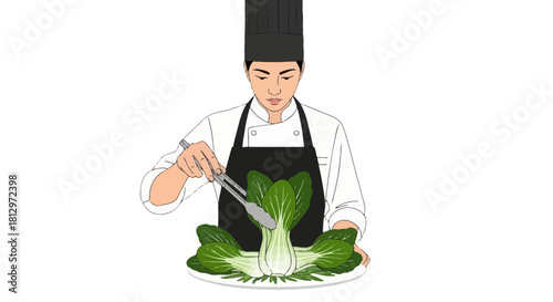 Chef Preparing Fresh Bok Choy Dish on Black Background for Culinary Presentation