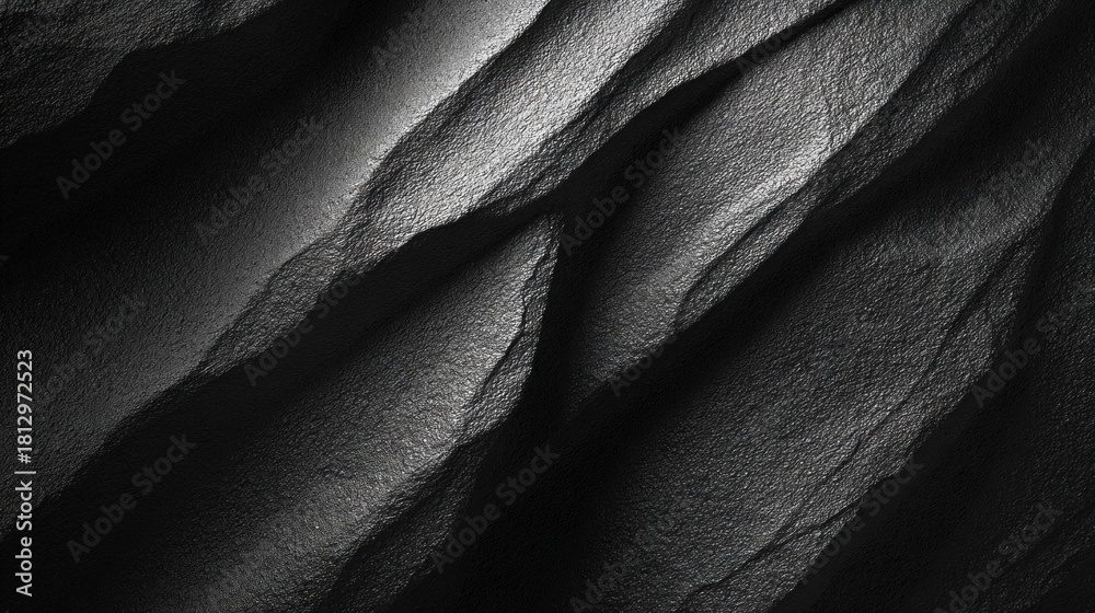 Fototapeta premium A textured black surface with dramatic light and shadow, showcasing wavy patterns and depth, creating a striking and abstract visual.