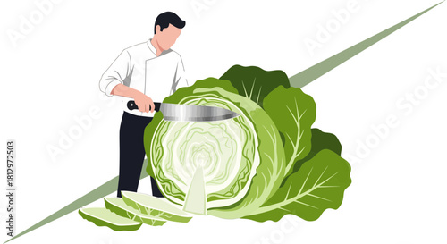 Chef Preparing Fresh Cabbage Slices in Kitchen, Colorful Illustrated Illustration