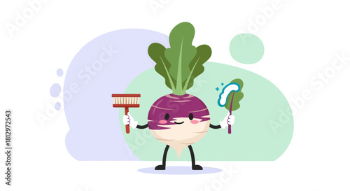 Clean And Funny Radish With Green Leaves Holds Duster And Brush Cartoon Vector Design