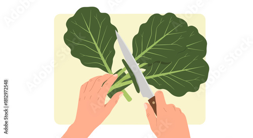 Chef Preparing Fresh Greens on Wooden Board Ready for Cooking, Healthy Eating Concept