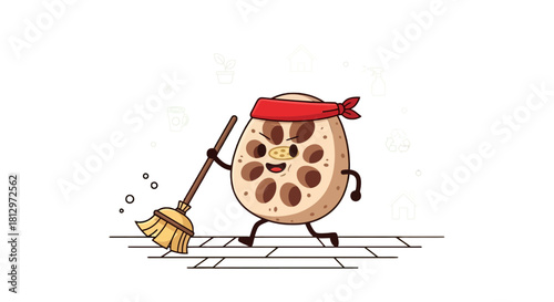 Clean And Protect: A Whimsical Lotus Root Character with Cleaning Tools