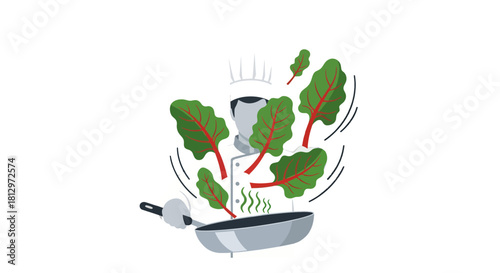 Chef Preparing Fresh Greens with a Pan Showing Off a Culinary Demonstration Technique