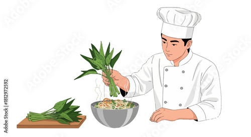 Chef Preparing Fresh Ingredients for a Culinary Creation Dish, Isolated on Black Background