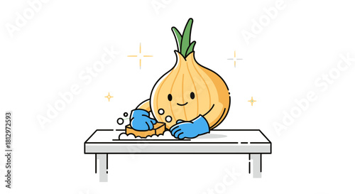Clean Onion Character With Blue Gloves, Cleaning A Table On Black Background