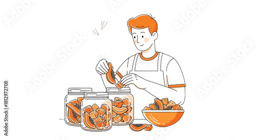Chef Preparing Fresh Papaya Preserves Into Jars Against a Dark Background