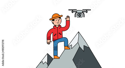 Climber Reaches Mountain Peak with Drone in Hand, Capturing Stunning Aerial Views