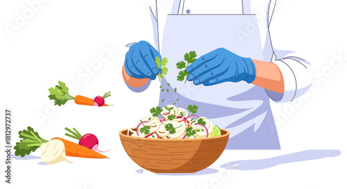 Chef Preparing Fresh Salad Decorated With Parsley On A Dark Background