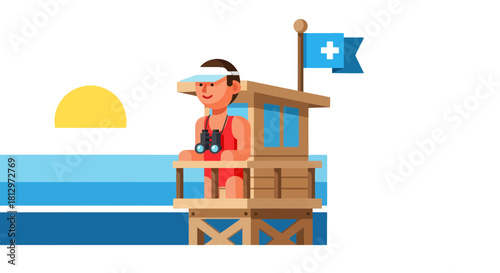 Coastal Sentinel: Animated Lifeguard at Twilight, Overseeing the Tranquil Shoreline Scene