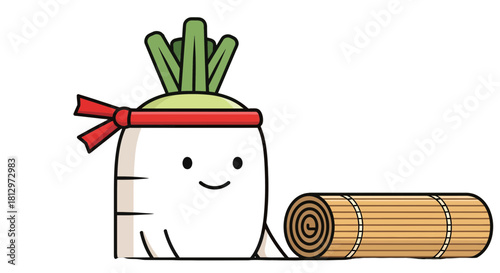 Comic Radish Ready For Yoga Practice Beside a Rolled Mat With Black Background
