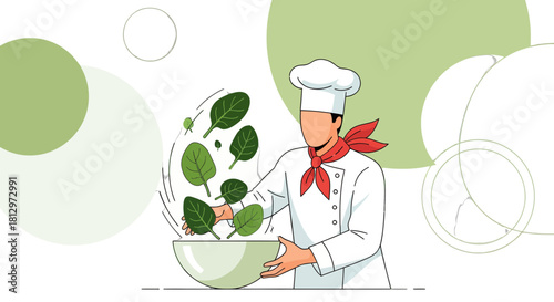 Chef Preparing Fresh Spinach Salad In Elegant Kitchen Against Minimalist Backdrop