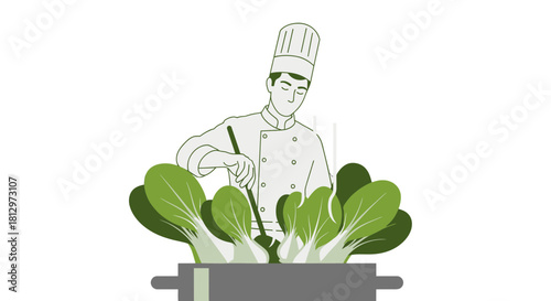 Chef Preparing Fresh Vegetables: Culinary Artistry In Minimalist Illustration Style