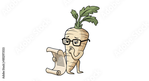 Concerned Carrot Character Examines a Document with Deep Thoughts and Worry on Black Background