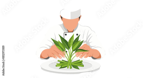 Chef Preparing Fresh Vegetables For Culinary Dish On White Plate Representing Food Art