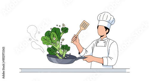 Chef Preparing Fresh Vegetables in Pan Generating Appealing Culinary Presentation