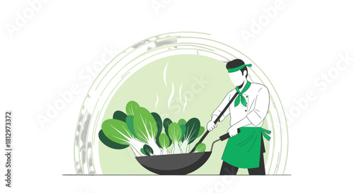 Chef Preparing Fresh Vegetables in a Wok in a Modern, Minimalist Style Illustration