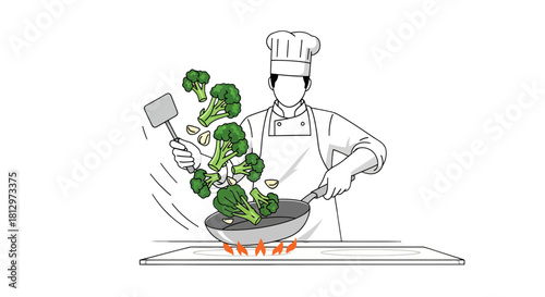 Chef Preparing Gourmet Broccoli Dish in Stainless Steel Wok With Flames