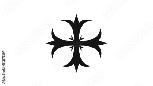 Vector illustration of black stylized cross symbol with curved, pointed arms isolated on transparent background 