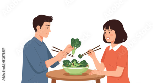 Couple Sharing Fresh Salad and Enjoying a Healthy Meal Together at a Wooden Table