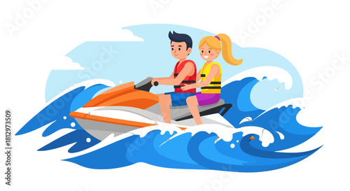 Couple Riding a Jet Ski in Ocean Waves Enjoying Water Sports Activities