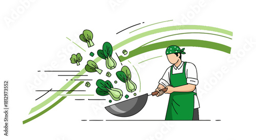 Chef Preparing Vegetables with Green Accents for a Delicious and Healthy Meal Illustration