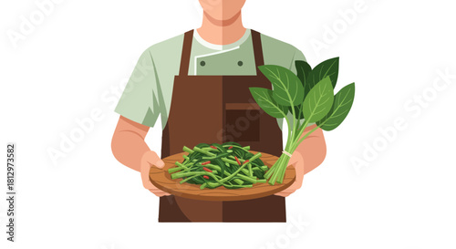 Chef Presenting a Platter of Freshly Cooked Asian Green Cuisine for Dinner