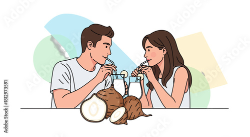 Couple Sipping Refreshing Drinks with Fresh Ingredients and Minimal Modern Style