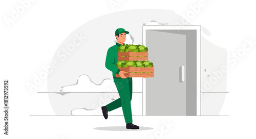 Courier Delivers Cabbage Crates, Fresh Produce Transportation, Delivery Service Concept